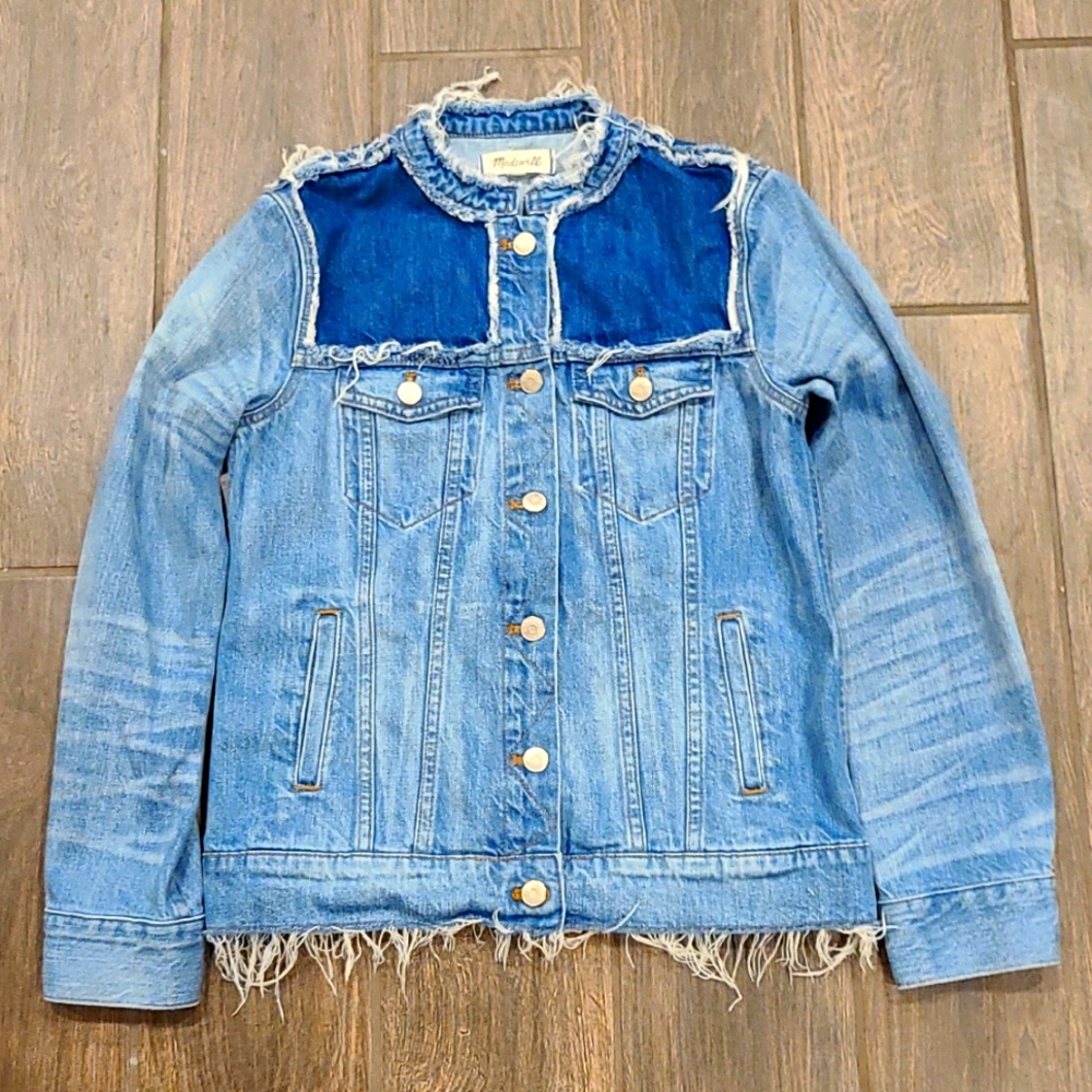 MADEWELL Collarless Blue Indigo Denim Jacket Fringed Distressed Size Medium